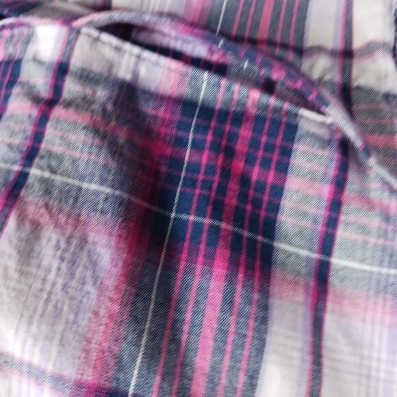 Dakini Plaid Boyfriend Shirt Womens Small Purple Stretch Hidden Pocket Vented - Picture 6 of 14